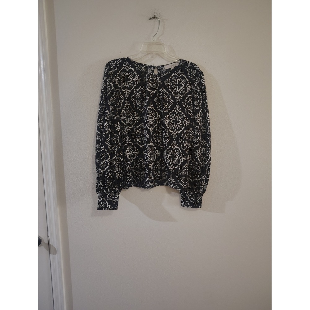 Loft Womens L Black White Medallion Damask Print Keyhole Back Long Sleeve Blouse